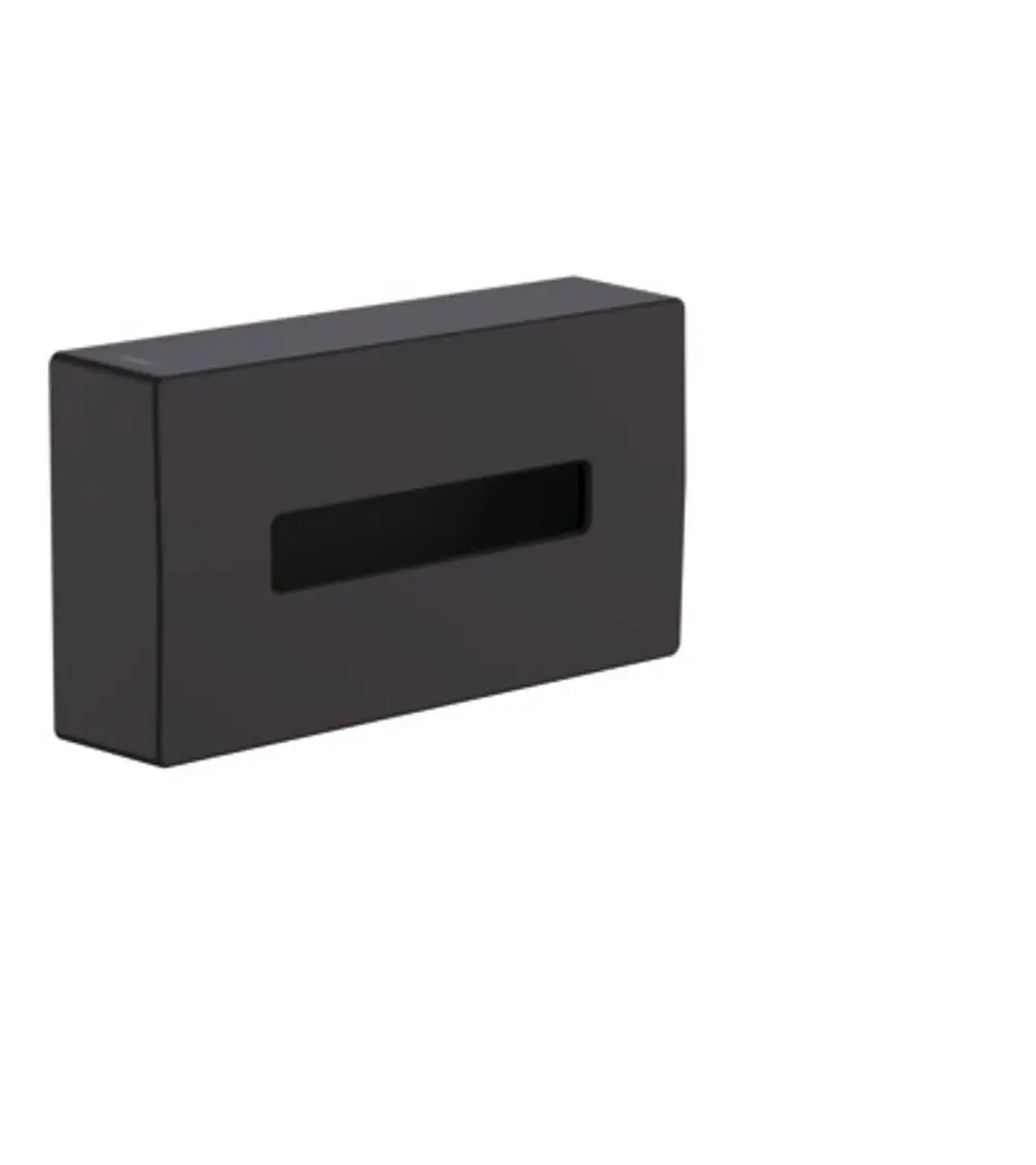 Kosmetiktuchbox von Hansgrohe in mattschwarzer Ausführung. Rechteckiges Design mit einem schmalen Schlitz auf der Vorderseite zur einfachen Entnahme von Taschentüchern.